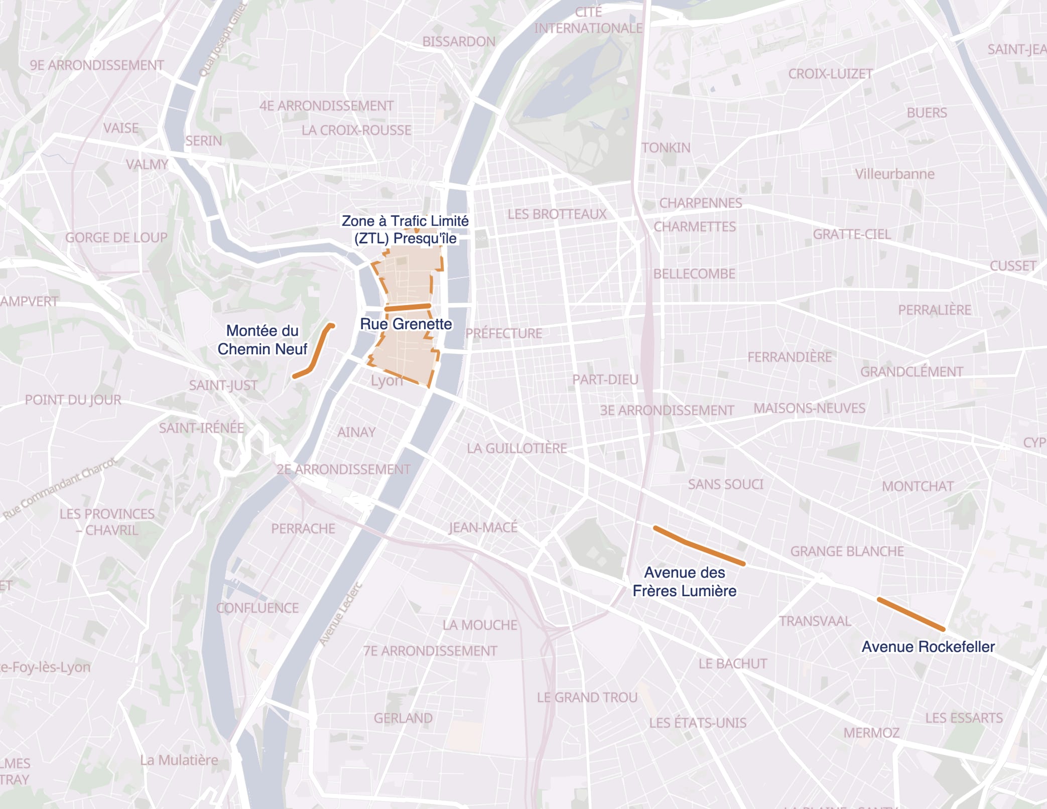 Carte de Lyon avec la Zone à Trafic Limité de la Presqu'île mise en évidence